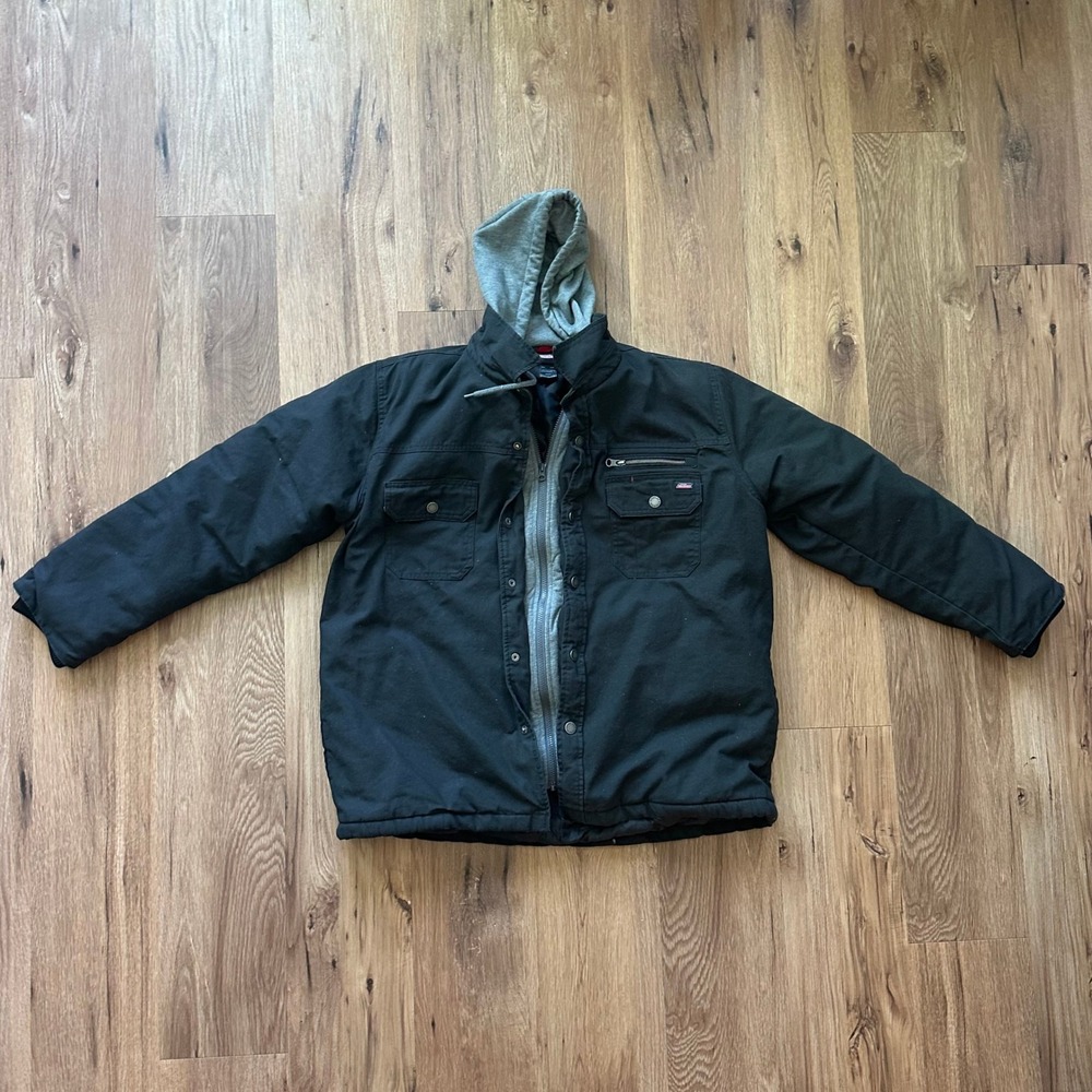 Dickies Mens Hooded Canvas Work Jacket Black Quilted Utility Coat XL